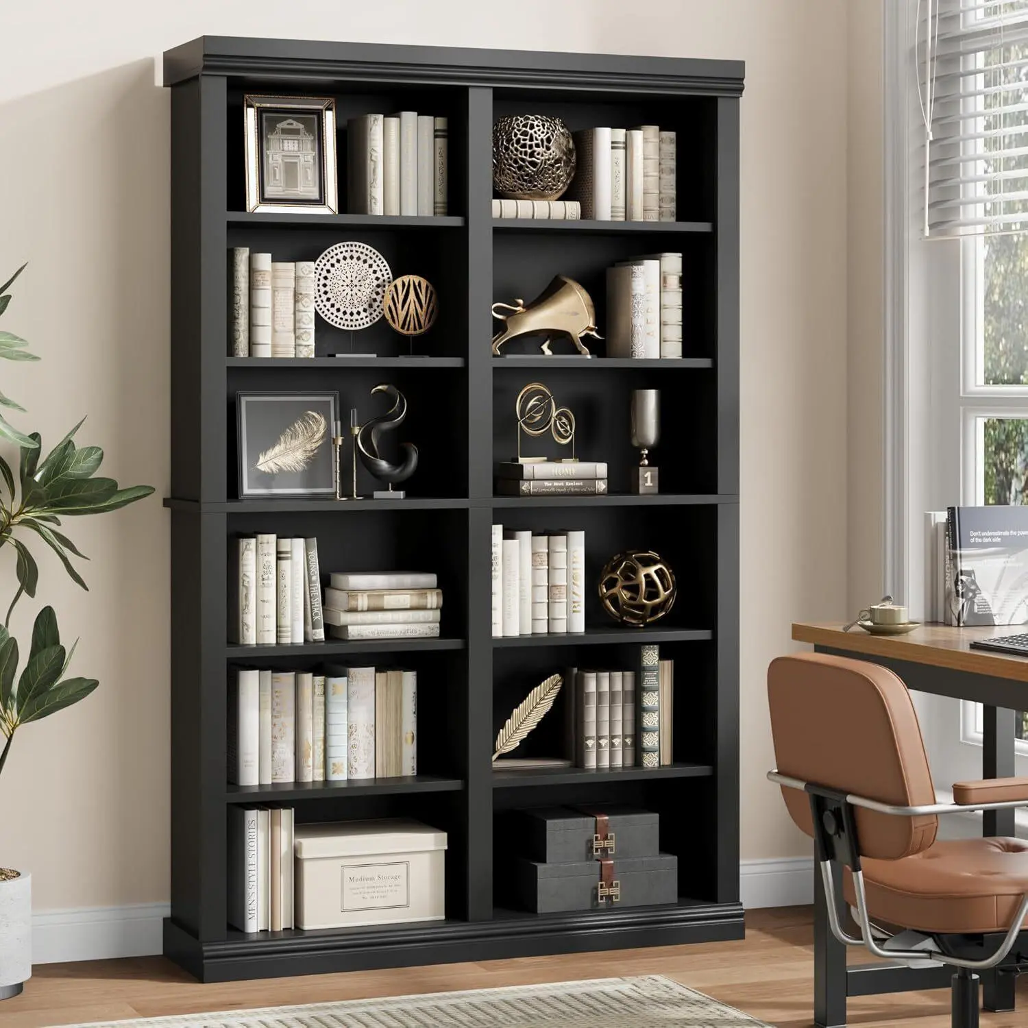 74inch Tall Bookshelf with Double Storage 6-Tier Large Bookshelf Double Wide Bookshelves w/ 12 Cubbies Wide Freestanding Bookcases for Livingroom Office Library-Black