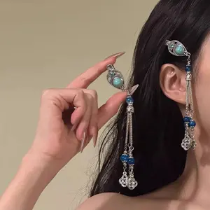 Ethnic style hair clip, blue imitation turquoise pearl hair clip, imitation red rhinestone tassel hair clip, Hanfu qipao suitable for spring and summer versatile blue or pink hair clip french hair pin hair clips banana clip hair
