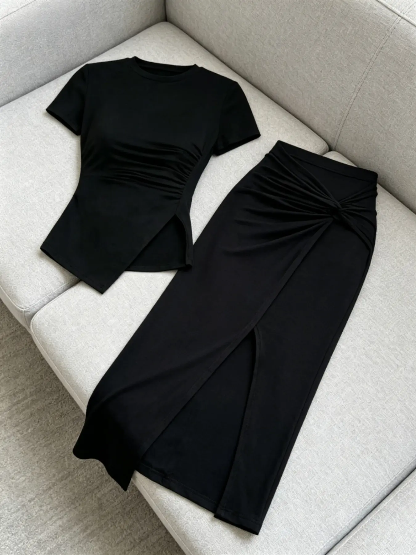 Spring Summer Round Neck Slim Fit Short Sleeve Top, Asymmetrical Hem Twist Knot Dress, Cross Slit Bodycon Two-Piece Set Knitted Womenswear Outfit