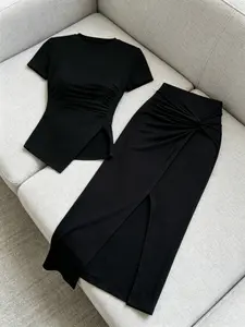 Spring Summer Round Neck Slim Fit Short Sleeve Top, Asymmetrical Hem Twist Knot Dress, Cross Slit Bodycon Two-Piece Set Knitted Womenswear Outfit