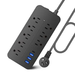 Surge Protector Strip with Flat Plug Long Extension Cord - 8 Outlets, 3 USB Charging Station - Ideal for Home Office, Dorm