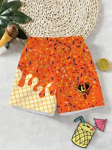 Ice Cream Drop Print Summer Shorts, Boys' Quick-Dry Beach Trunks, Breathable Loose Fit Swimwear, Pool & Vacation