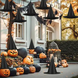 12 PCS Halloween Witch Hats, Black Hanging Witch Hat, Witch Costume Accessories Witches Hats with 32m Fishing Line Wizard Hats Indoor Outdoor Halloween Decorations for Home Yard Porch Ceiling