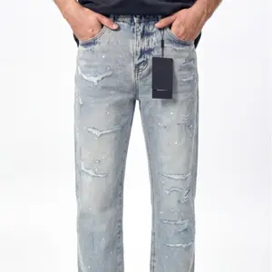 WEEHOURS WK03 Heavyweight Distressed Baggy Jeans – Vintage Wash Wide Leg Denim Fashion Long Classic Fabric Menswear Pants