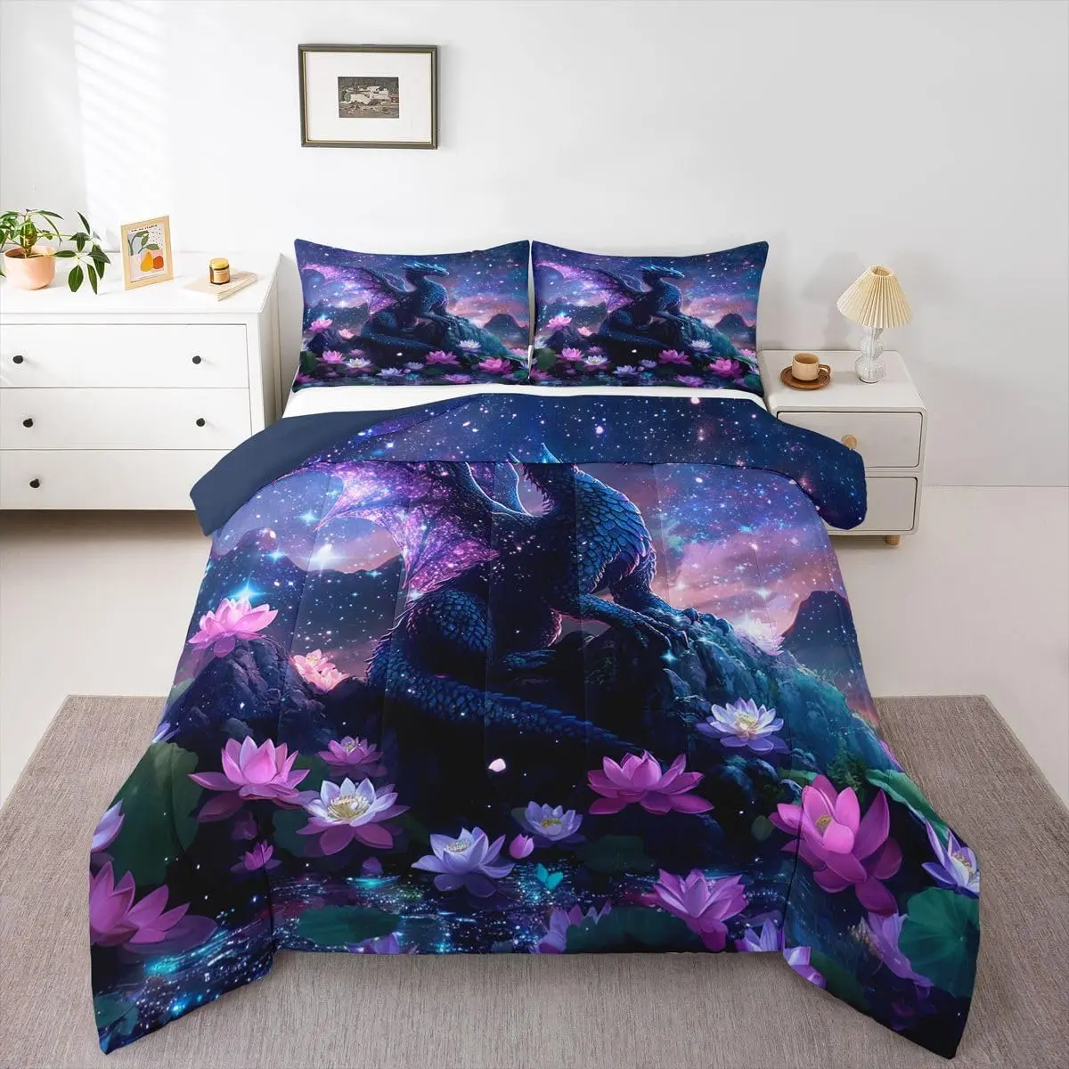Dragon Comforter Set Dragon Stuff Bedding Set Wild Life Duvet Quilt Bedroom Magic Wildlife Decor Blue Purply Ultra Soft Breathable