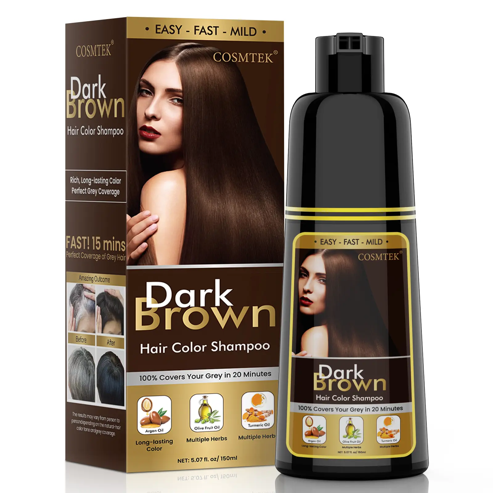 COSMTEK 3 in 1 Hair Dye Shampoo,100% Grey Hair Coverage,Contains Ginseng Extract,Herbal Ingredients Natural Shampoo Hair Dye, springtok, 5.07oz/150ml