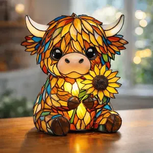 Handcrafted Sunflower Highland Cow Lamp, Stained Glass Highland Cow Night Lamp, 3D Animal Night Light for Home Office Bedroom Living Room Desk Decor (1Pcs)