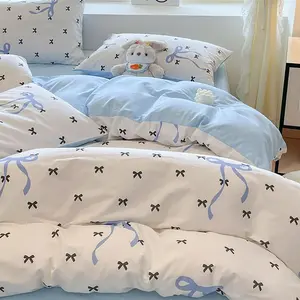 Blue Bow Comforter Set Queen Size Black White Bows Comforter 3 Pieces Kids Boys Girls Cute Bowknot Printed Princess Style Soft Microfiber Aesthetic Bedding