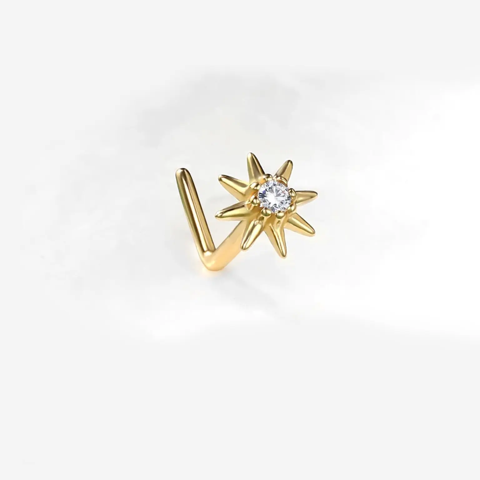 LunaStdla Star Nose Ring - Sunburst L Shaped 925 Silver Nose Piercing for Unisex Girls Boys, Dainty Solar Floral Hexagram with Zirconia, Suitable for Daily Wearing, Body Jewelry
