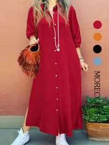 Women's Plain Button Shirt Collar Long Sleeve Dress, Casual Fashion Long Dress for Daily Outdoor Wear, Women Dress for Spring