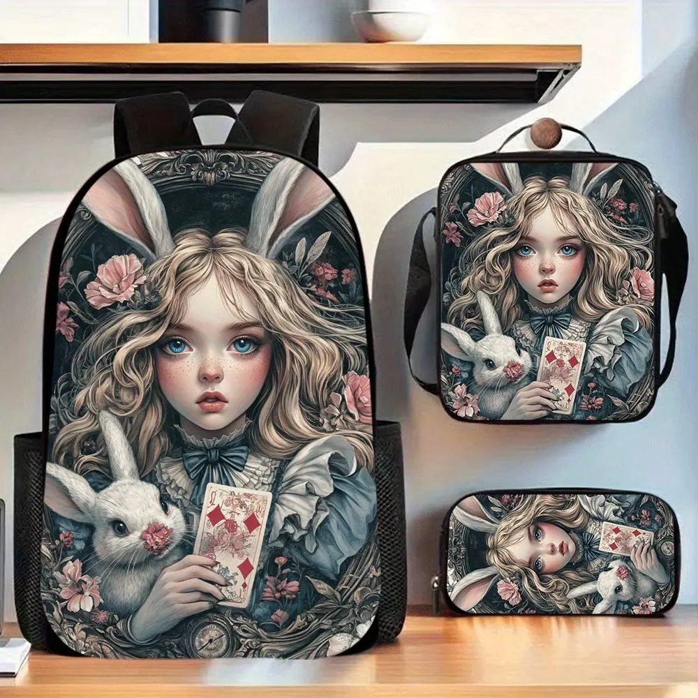 Kids' Unisex 3-Piece Oxford Cloth Backpack Set Pack - Durable, Water-Resistant, Lightweight School Bag with Zipper, Lunch Box, Pencil Case, Vintage Art Print (Alice Rabbit Floral Poker), Breathable Padded Straps, 15-in Laptop Capacity for School & Travel