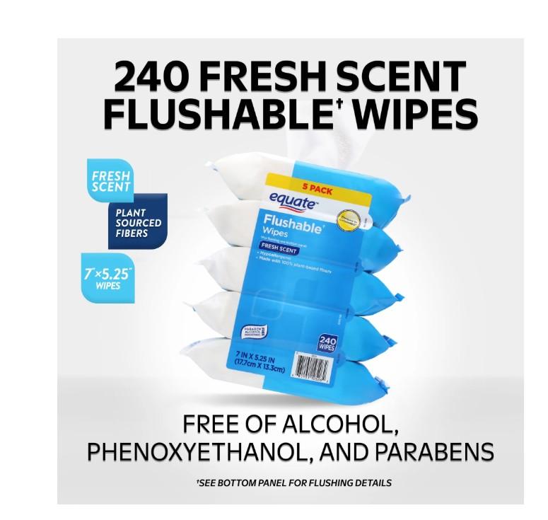 Equate Flushable Wet Wipes, Fresh Scent, 240 Wipes (5 Pack), Compare to Cottonelle