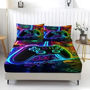 Game controller element pattern printed bed sheet, including 1 bed sheet and 2 pillowcases, comfortable bedding, anti slip dust cover suitable for bedroom decoration for gaming enthusiasts