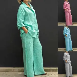 NewCasual Cotton Linen Two Pieces Set Women Autumn Long Sleeve Shirt Trousers Set Fashion Solid Straight Pants Suits Women Outfits Baggy Loose Minimalist Oversize Clothes Womenswear Can be used with raincoat