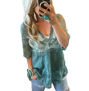 The Hailey Teal Crochet Lace Blouse by Lavender Tribe Design V-Neck Turquoise Handmade Boho Folk Western Top One Size Fits Medium to XL Cotton Shirts Soft Womenswear Bohemian Cami Feminine Sheer Sleeves