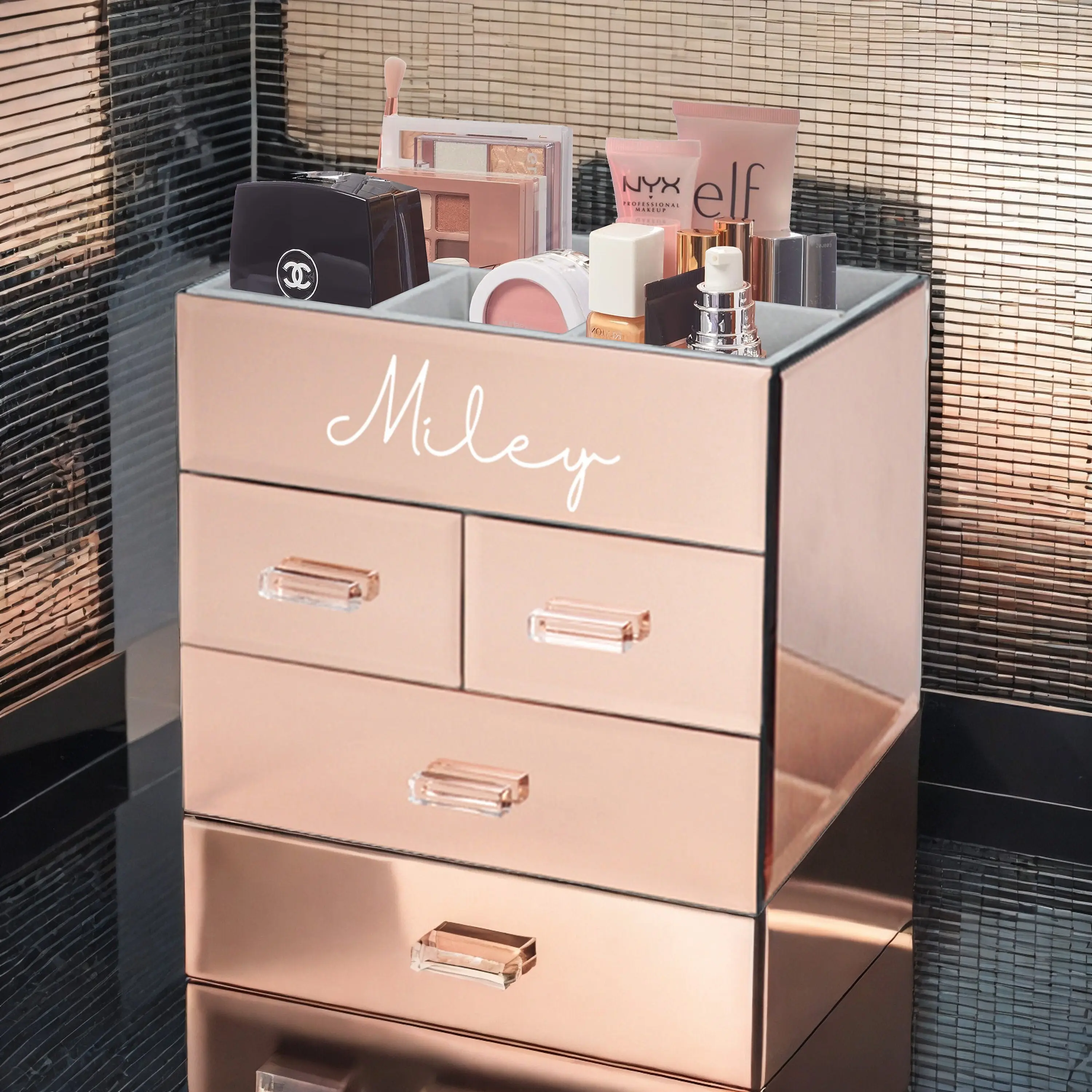 Personalized Handmade Mirror Cosmetic Organizer - 3 Drawer Mirrored Bathroom Vanity Desktop Jewelry Makeup Storage Bin - Rose Gold or Silver