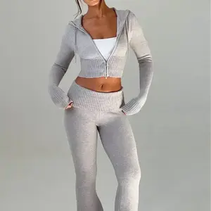 Summer/Autumn 2025 New Women’s Knit Hooded Zip Jacket & Pants Outfit Set — Pink, Sexy, Elegant, Two-Piece Tracksuit Style, Long-Sleeve, Basic, Black/Beige, Casual