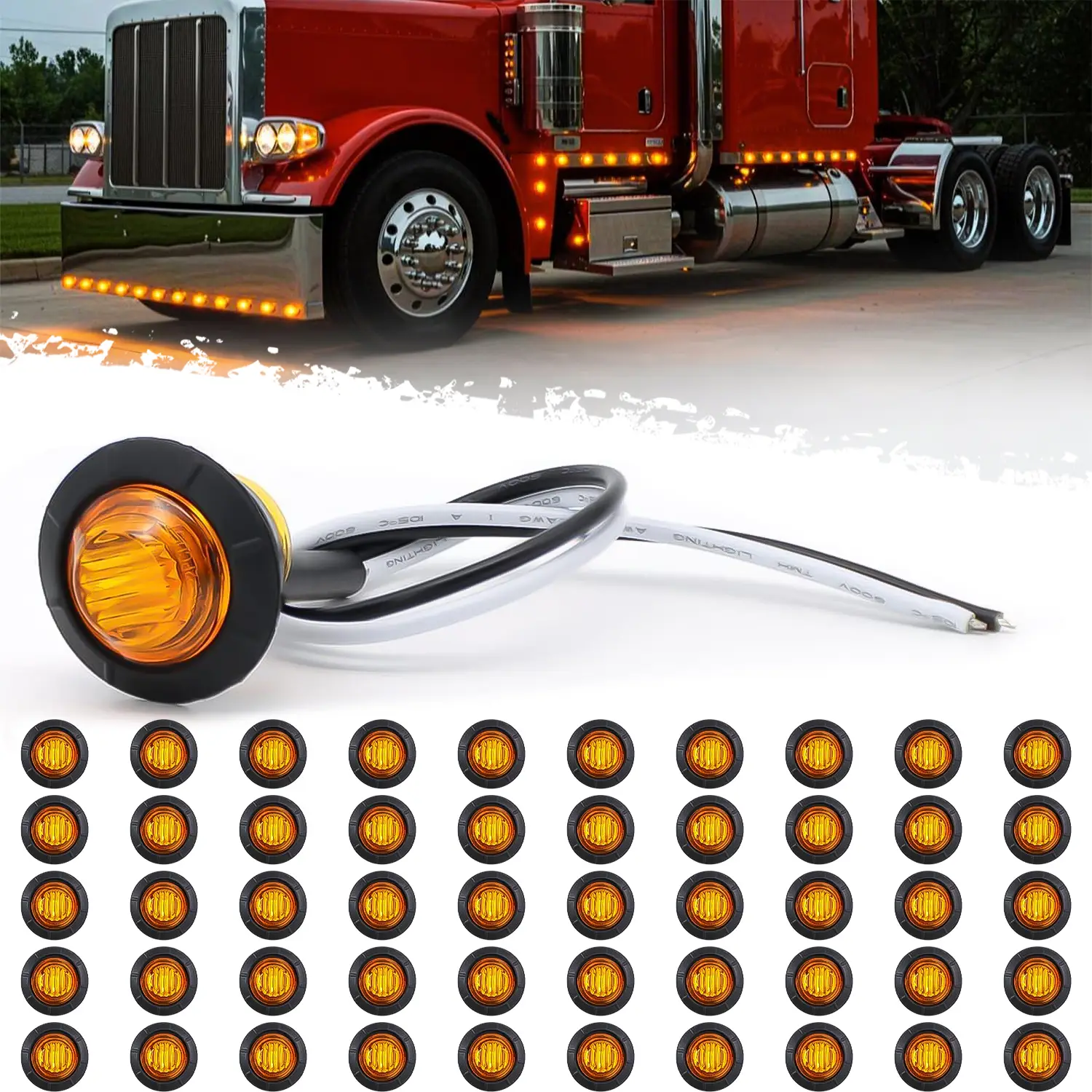 DIBMS 50 pcs 3/4 Inch Mount Amber 3 LED Mini Round Trailer Side Marker Indicator Lights Clearance Button Signal Lamps Universal for Trucks Lorry Boat