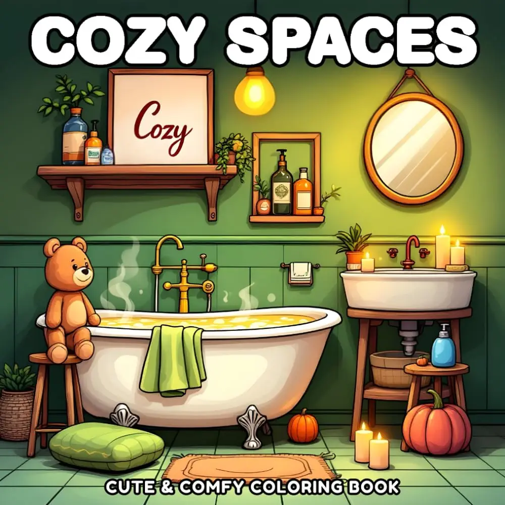 Cozy Spaces Coloring Book for Adults and Teens 50 Unique Illustrations Stress Relief Mindfulness Colored Markers Pen Perfect Relaxation Creativity