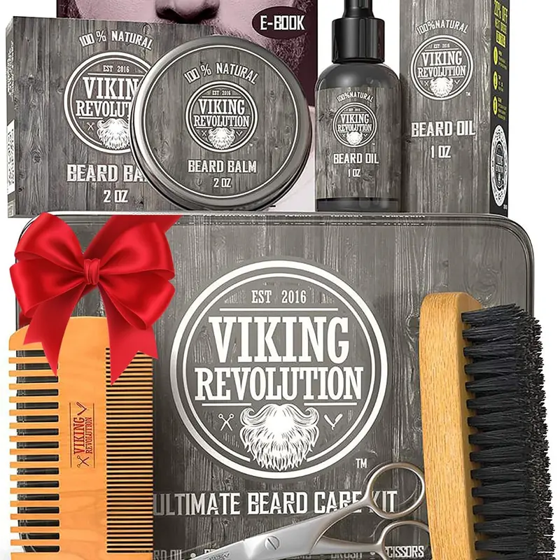 Viking Revolution Ultimate Beard Care Kit for Men - Natural Boar Bristle Brush, Dual Action Pear Wood Comb, Beard Oil, Citrus Balm, Trimming Scissors, Travel Pouch, Gift Haircare Set