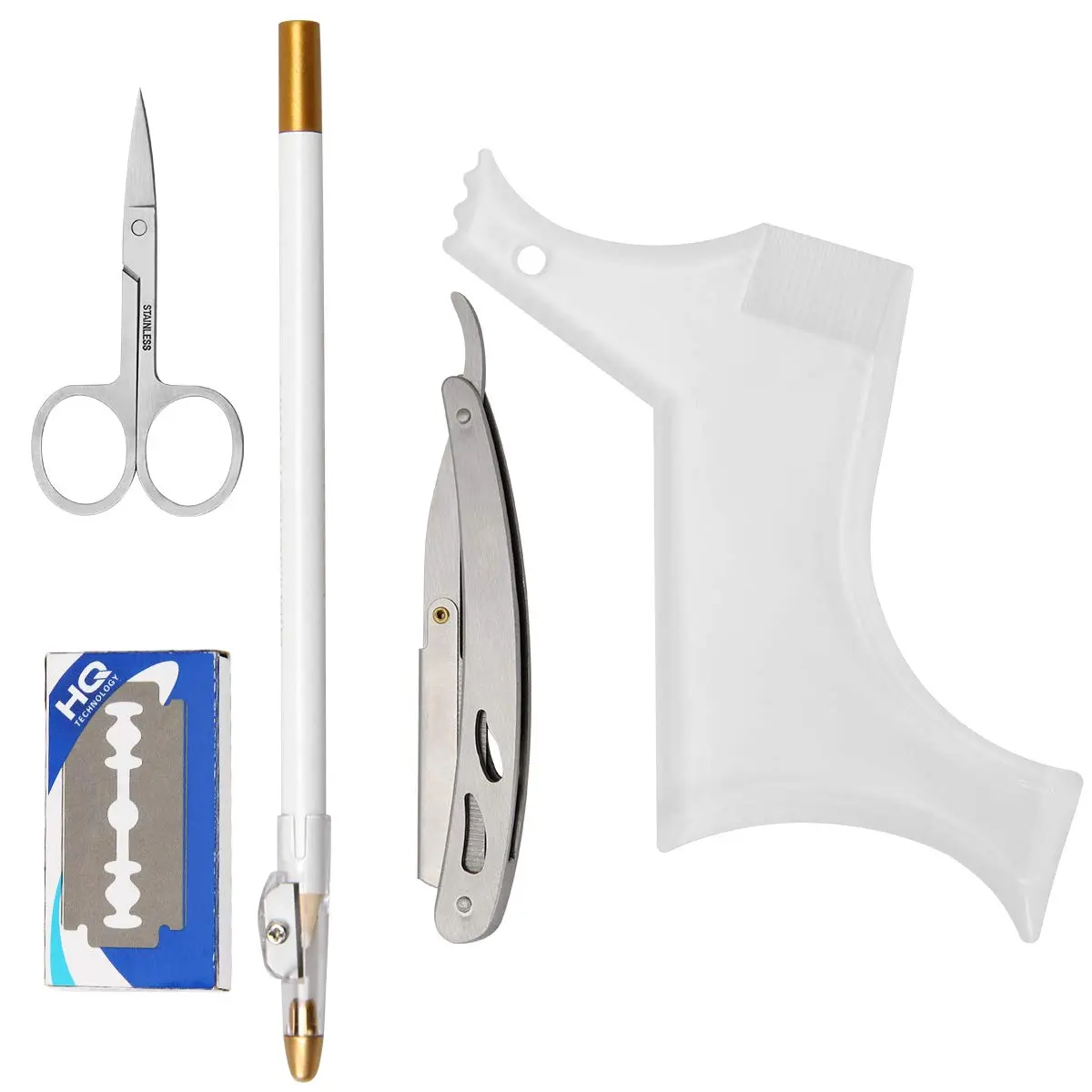 Beard Shaping Tools, 5-in-1 Beard Shaping Set with Straight Edge Razor and 10 P blade, Barber Pencil, Beard Trimming Scissors, Gift for Men
