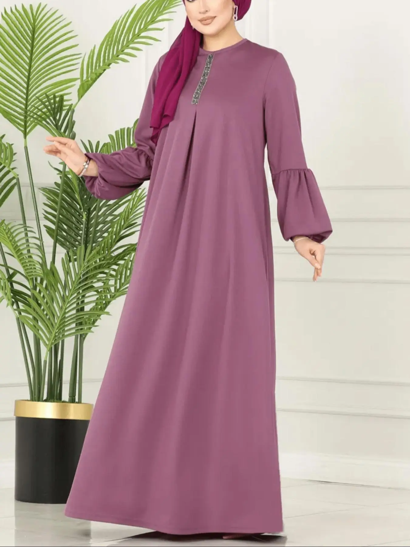 Women's Fashion Vintage Plain Round Neck Lantern Sleeve Long Loose Fit Arabic Dress, Casual Woven Fabric for All Seasons