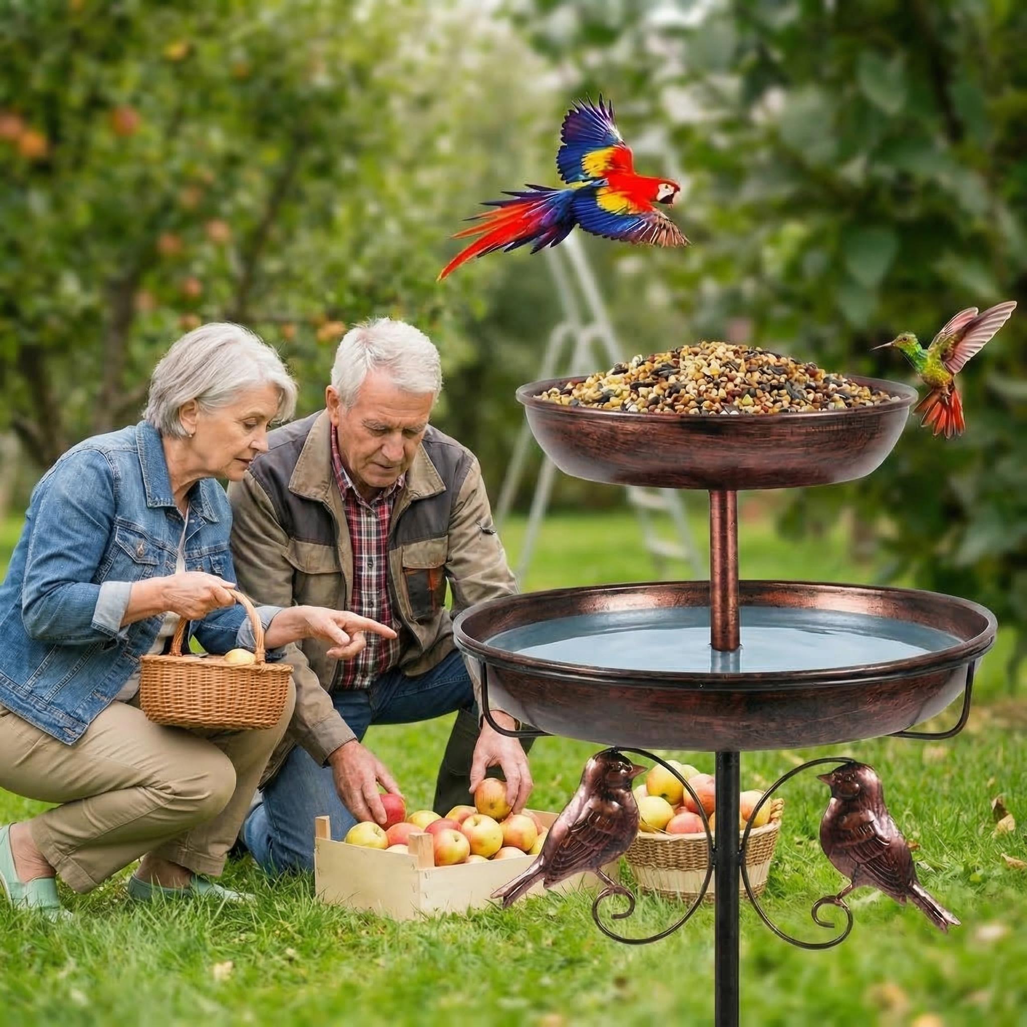 [Summervibes][petlovers] WIldpark 45 Inch Heavy-Duty Metal Double-Layer Bird Bath Tub, Large Capacity Water Feeding Basin, 9.8 Feet + 12 Inches, Stable 5-Claw Base, Durable Courtyard Decoration, Easy to Install and Clean, Multifunctional Bird Feeder. outd