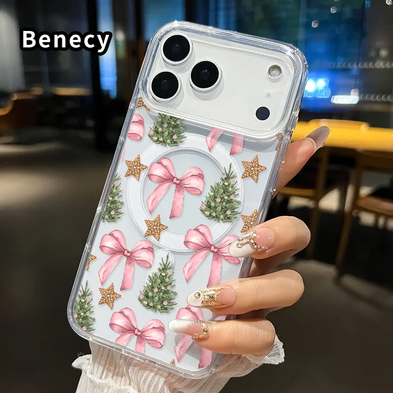Magnetic Anti-Drop Transparent Cellphone Casing for iPhone 11-17, Pro Max Plus, Air E, XR - Blush Pink Christmas Dreams, Hard Acrylic Back, Soft TPU Edge, Full Coverage, Wireless Charging Compatible, Phone Aesthetic Fit for iPhone Accessories