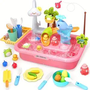 Game Kitchen Sink Toy with Upgraded Electric Faucet and Automatic Water Circulation System, Dishwasher and Fishing Toys, 4 Aa Batteries Included