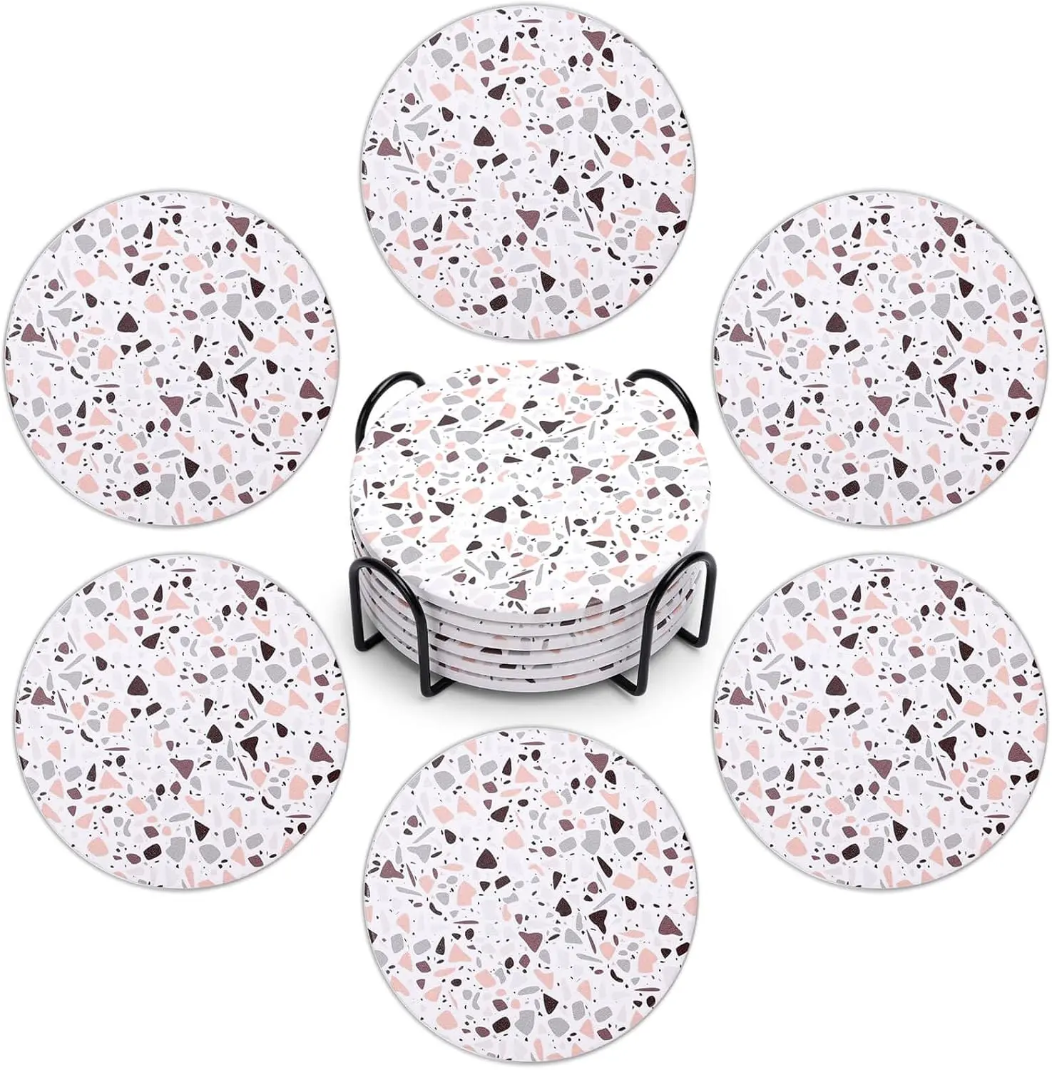Drink Coasters with Holder, Set of 6, Terrazzo , Ceramic, Round, 4 Inches