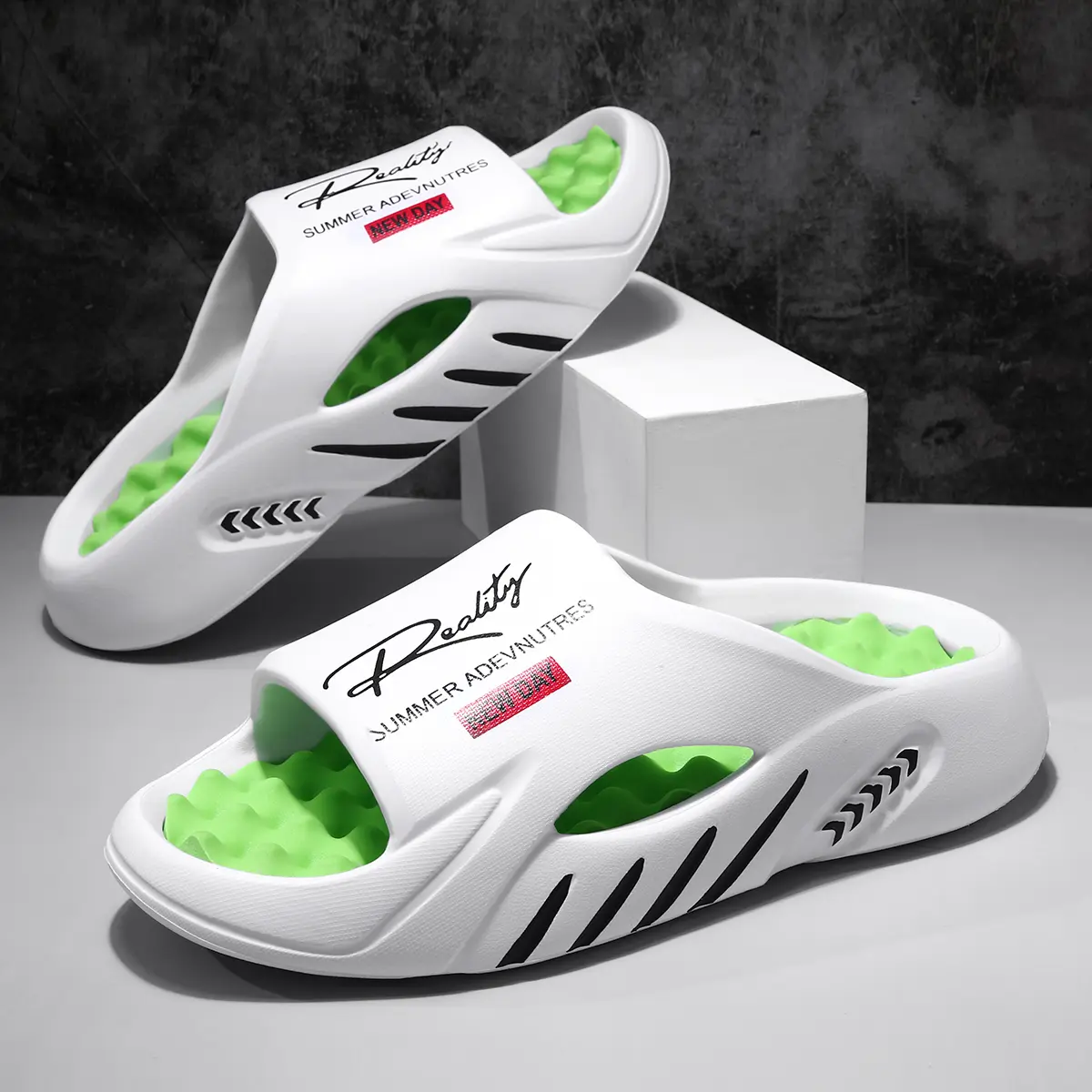 Men’s Comfortable Slide Slippers, Textured Massage Footbed Sandals with Open Airflow Design, Lightweight Soft Sole Non-Slip Casual Slides for Summer Beach Trips, Pool, Indoor & Outdoor Wear
