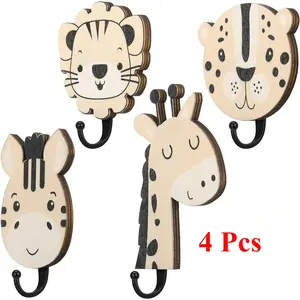 4 Pcs Safari Animal Decorative Wall Hooks Wooden Jungle Hooks Cute Towel Hanger for Bathroom Bedroom Home Decor