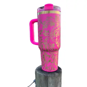 Vine Leather Engraved GOLD 40 oz Tumbler Double Insulated Stainless Steel with Full Wrap Drinkware Stylish Lid & Straw Personalized Portable Water Bottle Neon Red Flasks Mug