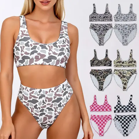 Women Camo Two Piece Swimsuit Bikini Set With High Waisted Bottom Summer Swimwear