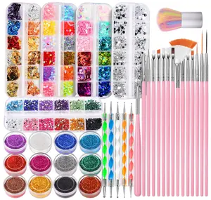 Nail Art Kit, Nail Art Brushes Set, Nail Design Kit Dotting Tools, Fine Nail Glitter, Nail Decoration Butterfly Heart Glitter Sequins, Foil Flakes, Nail Rhinestones, Dust Brush
