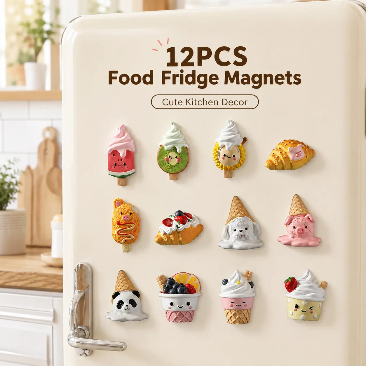Fridge Magnet - 3D Realistic Resin Fake Food Ice Cream Croissant Magnet, Kawaii Cute Decorative Magnet for Kitchen Refrigerator, Office Whiteboard & Locker Decor, Fun Foodie Gift for Her, Kids & Friends