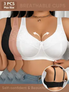 3-Pack Women's Elegant Plain Lace Bra, Comfortable Fashion Design, Perfect for Daily Wear, Layering Friendly, Full Coverage Wireless Bra