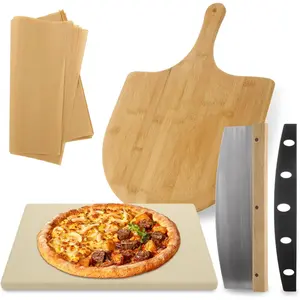 4 count Oven Pizza Stone Set, 15 x 12 Inch Large Rectangle Pizza Stone with Wooden Pizza Peel, Pizza  & 10 count Cooking Paper for Oven & Outdoor Grill, Baking Stone Pan for Pizza, Bread