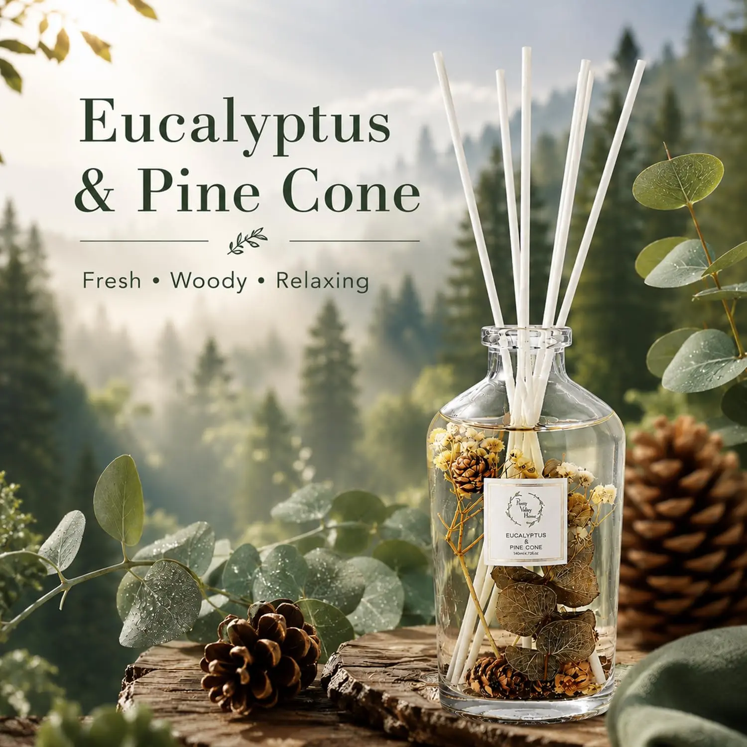 Pretty Valley Home-Reed Diffuser Set,Diffuser 140Ml / 4.73 fl OZ Gift Box - Includes Reed Diffuser Sticks, Long Lasting Fragrance Oil and Glass Bottle for Office Living Room Decor (Eucalyptus)