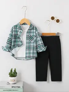 Boys' Plaid Shirt Set, Spring & Fall New Style Lapel Open Front Cardigan, Boys' Casual Sports Fashion, No T-Shirt Included