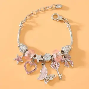 Adjustable Princess Bracelet for Women, Pink Crystal Heart Butterfly Star Charm Bracelet, May Birthstone Jewelry, Dainty Cute Gold Bracelet, Everyday Wear, Birthday & Gift for Her