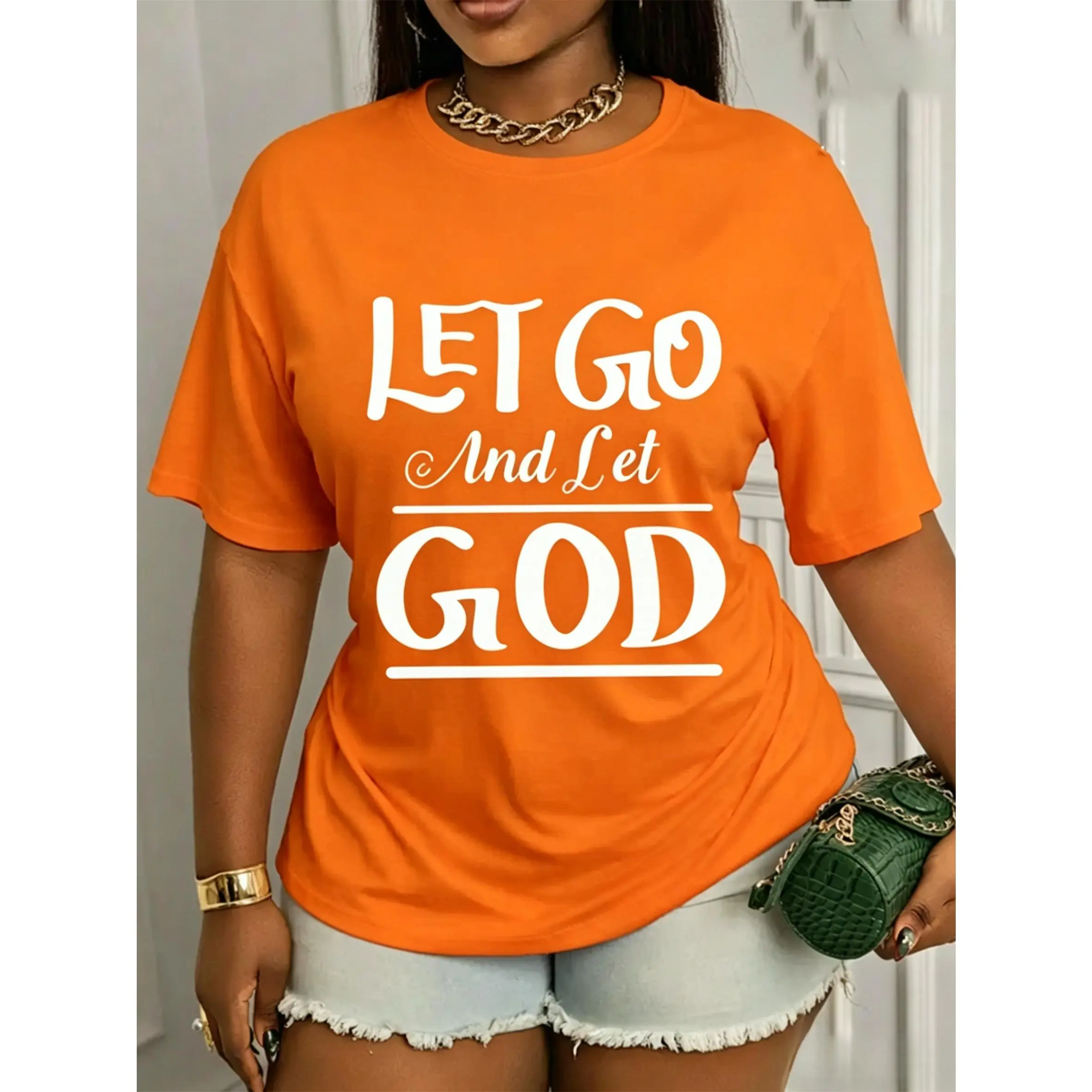 Women's Short-Sleeve Christian Faith Cotton T-Shirt - "Let Go And Let God" Printed Oversized Fit Religious Casual Fabric Top, Shortsleeve, Tshirt, Smooth, Printed Text, True Size, Pure Cotton, Basic, Tee, Graphic, T Shirts For Women, Asymmetrical, Digital