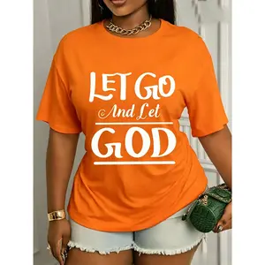 Women's Christian Faith Cotton Basic Graphic Tee - "Let Go And Let God" Printed Oversized Casual Religious Tops