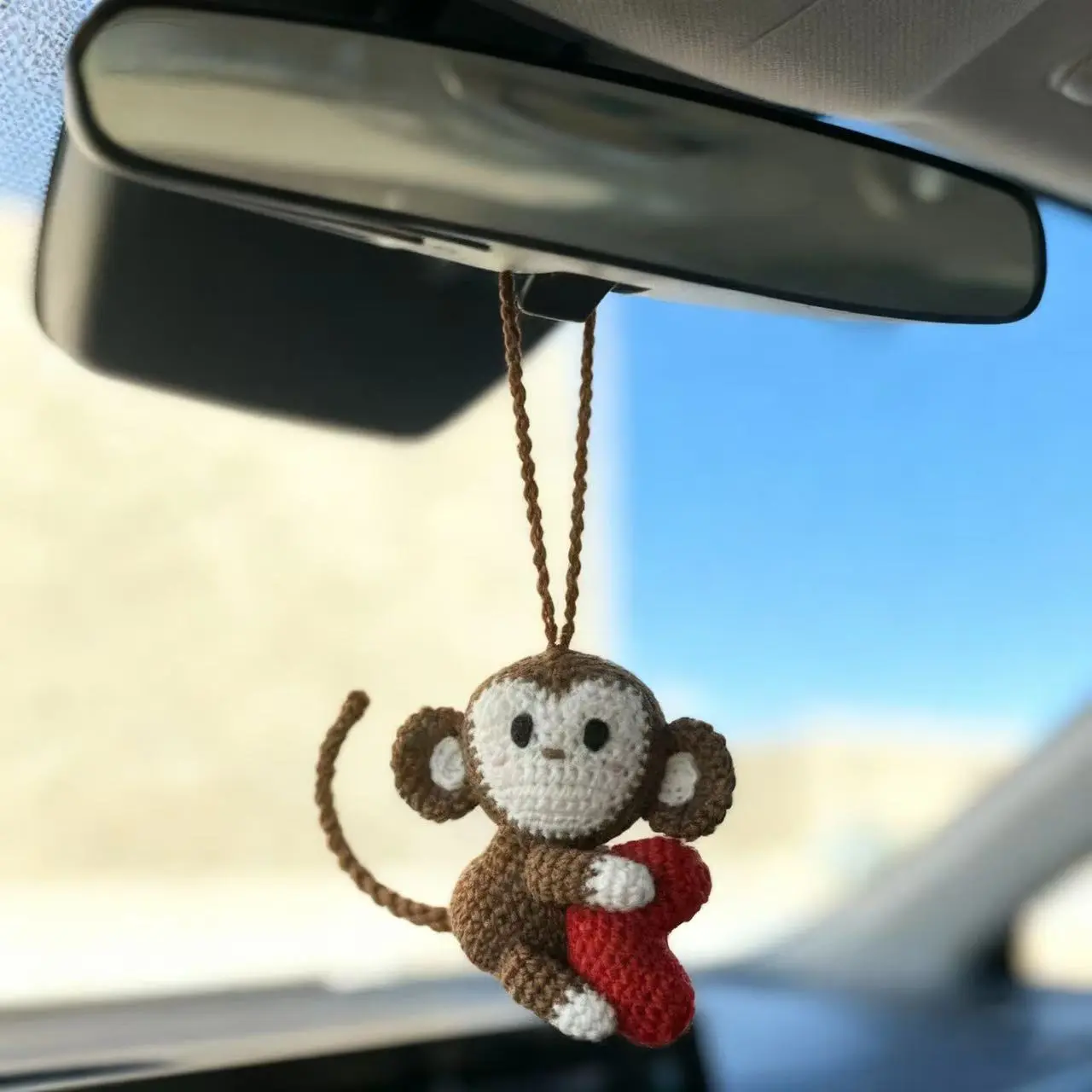 Handmade Crochet Monkey Heart Car Ornament, Cute Rearview Mirror Hanging Decoration, Car Interior Decor, Animal Lover Gift, Car Interior Ornaments, Car Decorations