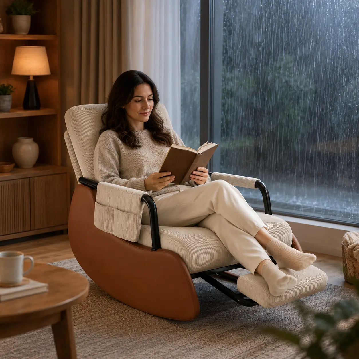 Beige Brown Corduroy Folding Rocking Chair with Pull-Out Footrest - Wear-Resistant, Ultra-Soft Indoor Lounger with Side Pocket, Padded Armrests for Living Room, Bedroom