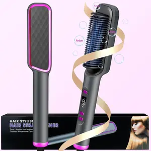 10s Fast Hair Straightener Brush with LCD Display, Negative Ions, 5 Temps, Anti-Scald, Quilted Grip Design - Pink & Purple Accents, Sleek Black Finish - Perfect for Women heat  tools