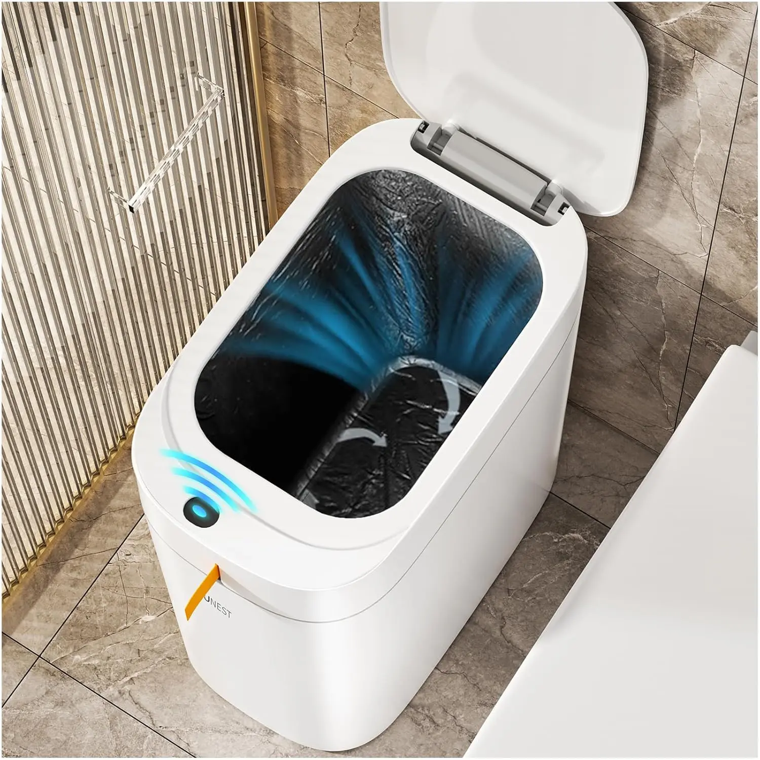 Funest Smart Bathroom Trash Can with Lid- 3.5 Gallon Rechargeable Motion Sensor Trash Can,Waterproof Automatic Garbage Can with Automatic Suction Bag Feature,Waste Bin for Bedroom, Kitchen, Office funest