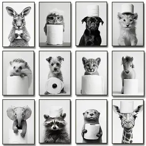 12pcs/set frameless animal bathroom toilet paper poster otter hedgehog giraffe gift wall room home décor black and white print modern oil painting