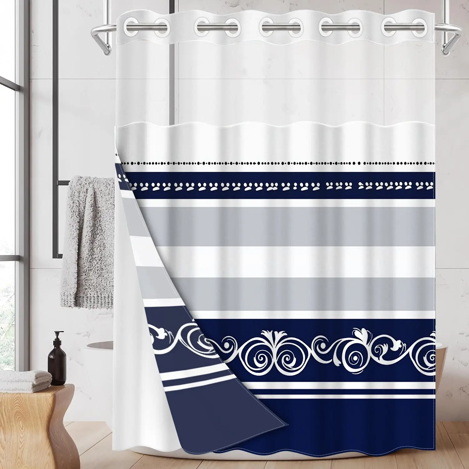 1pc hookless aesthetic shower curtain with buckle lining, blue and white scrollwork patchwork design, 2D flat printing, fabric waterproof lining, see-through double-layer, 71 x 74 inches, Bathroom supplies, Bathroom curtains, Shower Essentials