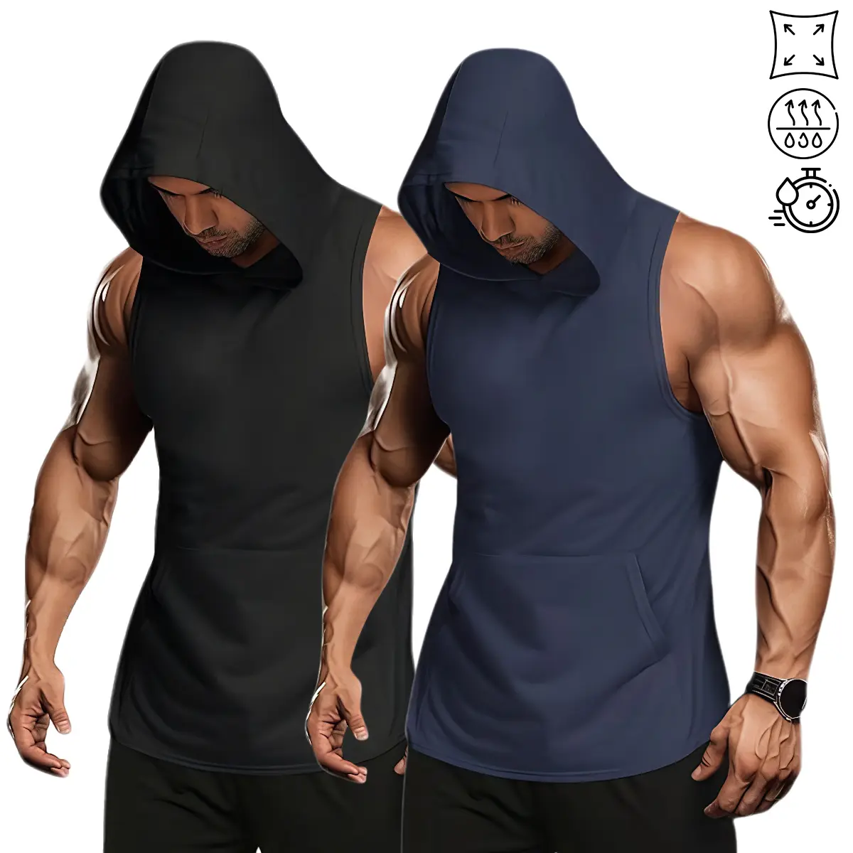 Men's 2-Pack Polyester Workout Hooded Tank Tops - Sleeveless Gym Workout Wear with Kangaroo Pocket, Lightweight Breathable Bodybuilding Training Athletic Vest Set